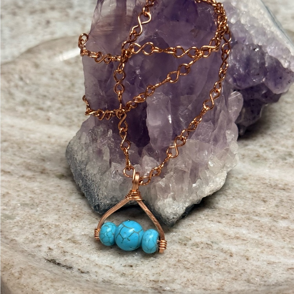Handmade Turquoise Copper Wishbone Pendant Necklace - Picture 5 of 7